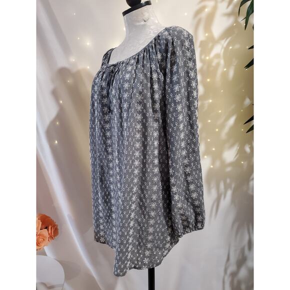 Ralph Lauren Chaps Sheer Eyelet 3/4 Sleeve Peasant Top Size L Tie Neck Cottage - Picture 2 of 11